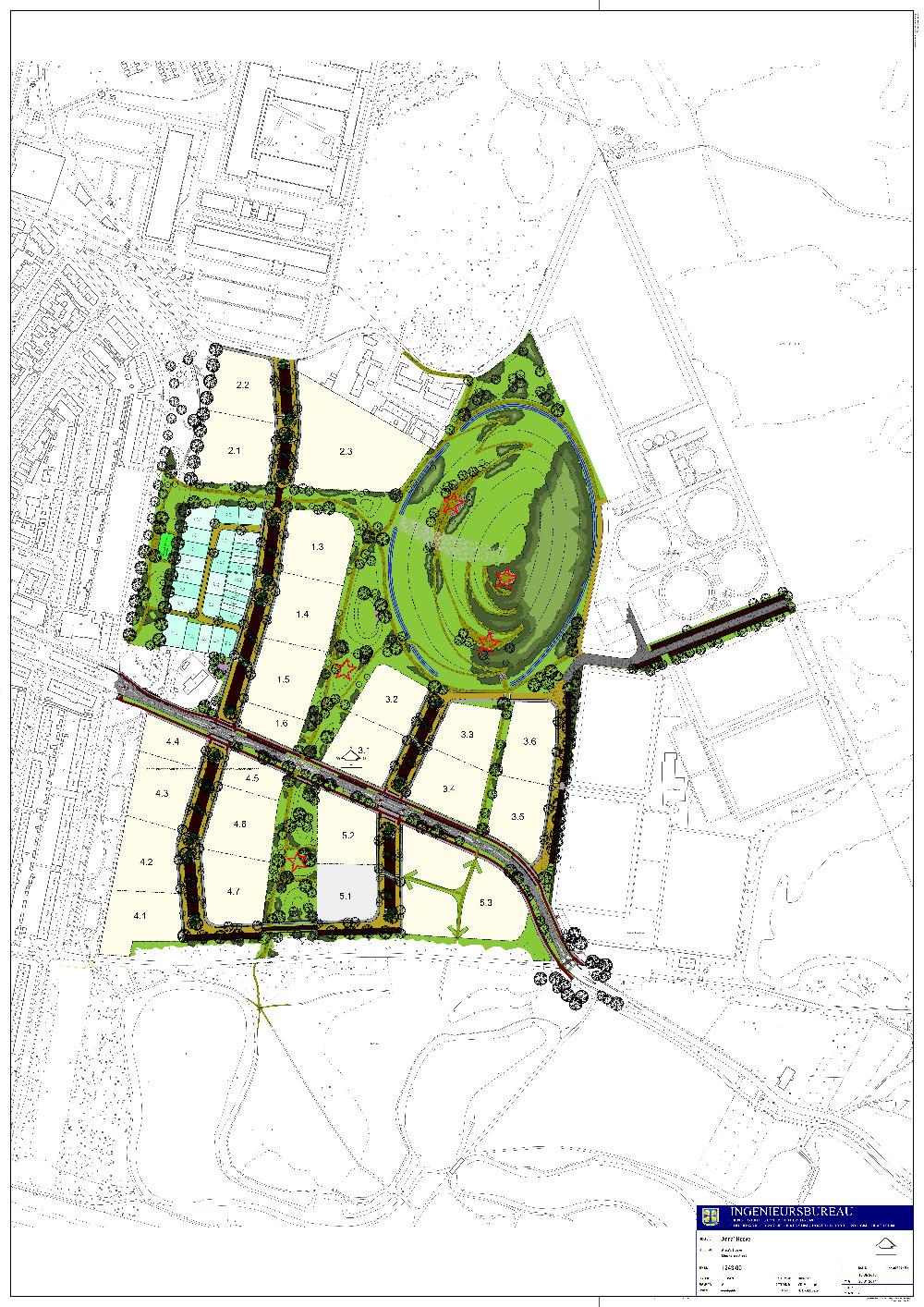 De 5 rode sterren in het definitieve ontwerp uit 2014 geven de locaties van de verblijfsplekken aan.